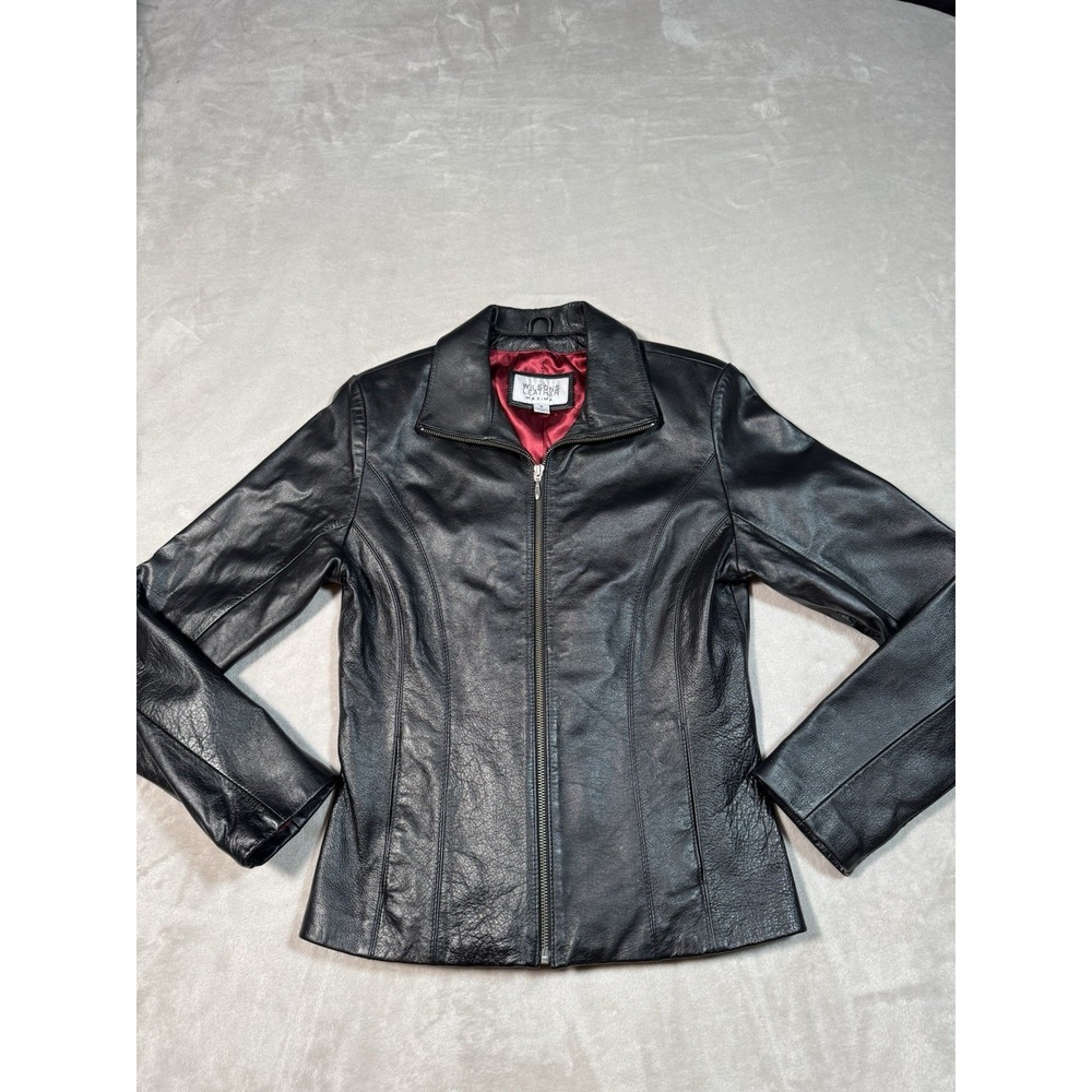 Wilsons Leather Maxima 90's Womens Black Leather Collared Zip Jacket-Size S